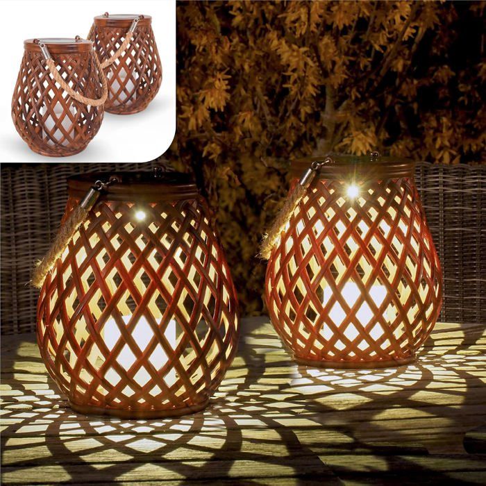 Lot 2 Lampes Solaires – Effet Rotin 0.2W IP55 21x17cm Jardin