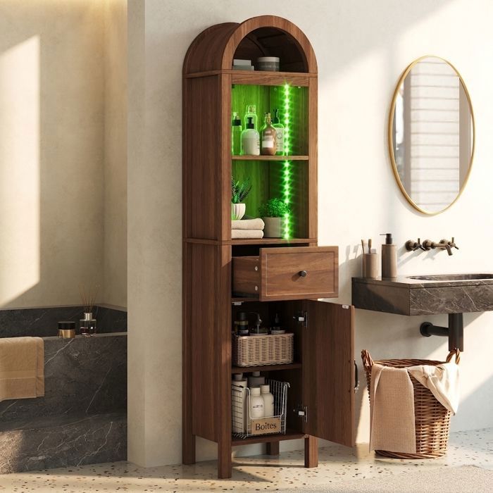 Colonne Salle de Bain Noyer 163cm avec LED Armoire Haute Rangement sur Pied Porte Réversible et Tiroir Norevia