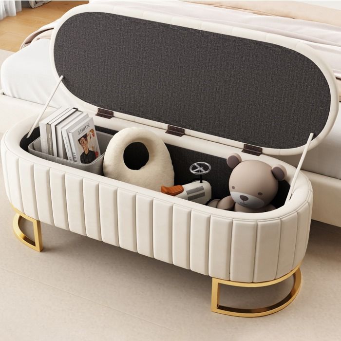 Banc coffre bout de lit rembourré 120 x 40 cm en velours beige avec rangement intégré pieds en métal ORVRYN