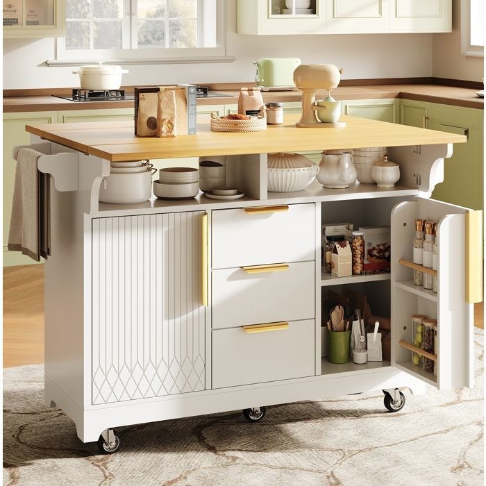 Îlot Central de Cuisine VUENOR sur Roulettes 120 x 40(80) x 95 cm - Table à Dîner Réglable 3 Tiroirs