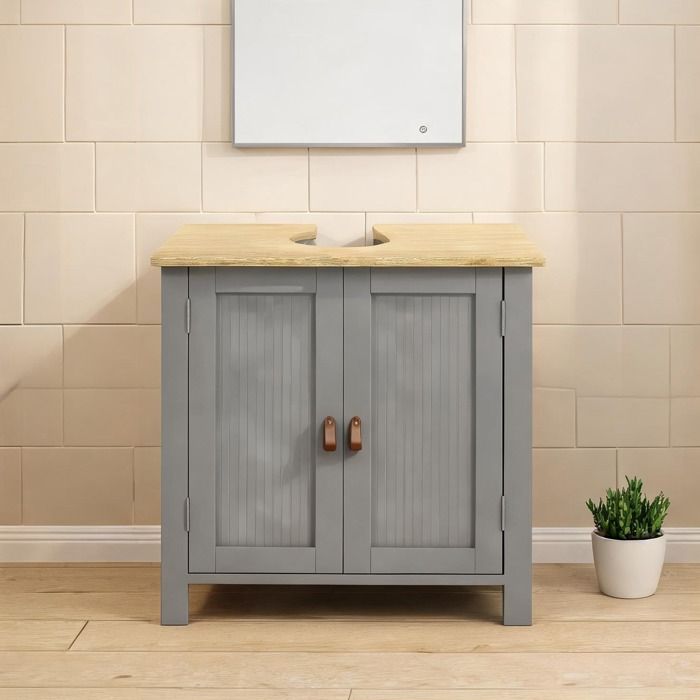 Meuble sous lavabo contemporain avec découpe U et étagère réglable gris et bois - Gris Bois 60 x 30 x 60 cm Ref 49773B