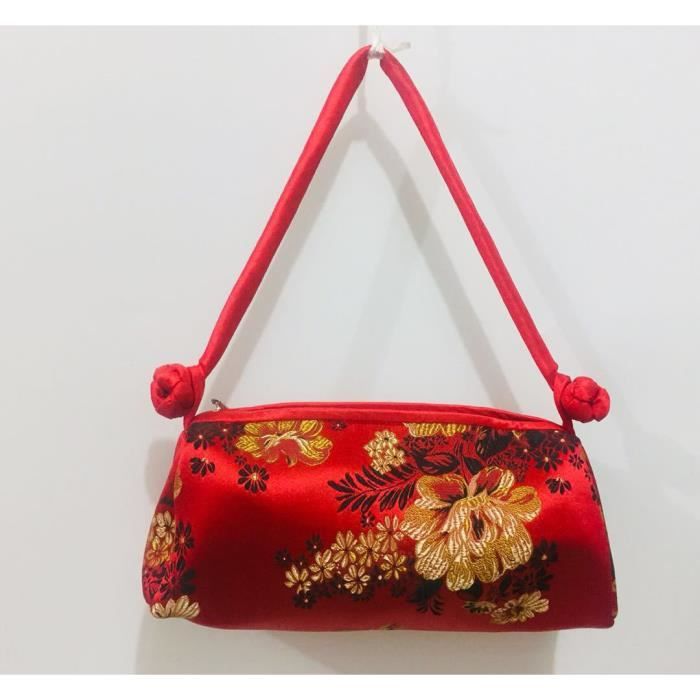 Fleur rouge Sac main en soie de Style chinois pour femmes