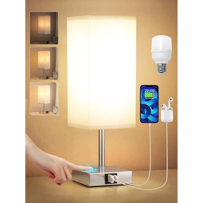 Kakanuo Lot De 2 Lampes De Chevet Tactiles - 3 Luminosités, Ports USB, Abat-jour Lin - Blanc