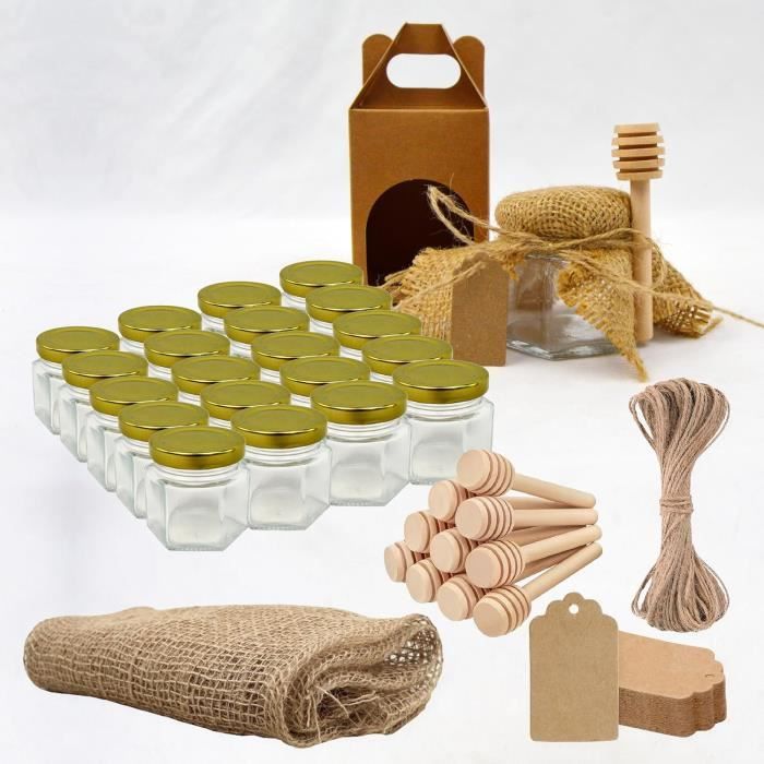 20x Petit Pot de Miel Hexagonal 60ml + 20x Boîte Kraft + 20x Cuillère de Miel + 20x Bande de Tissu + 20x Étiquette Kraft + Ficelle