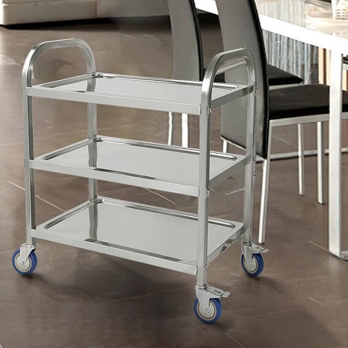 Chariot de Service Desserte à Roulettes Stockage Roulant de Cuisine - 3 Plateaux Inox 95*55*95cm