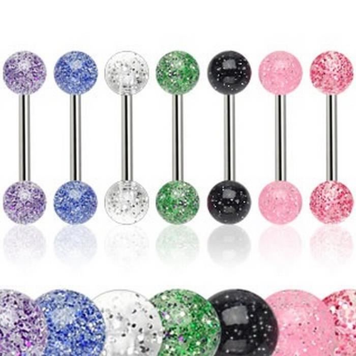 lot 7 piercings langue mael paillettes acier chirurgical inoxydable anti allergique barbell lovepiercing