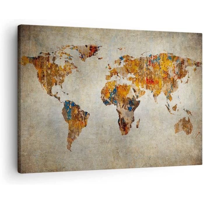 Tableau Globe Terrestre Rétro Bois - 60x44 Cm - Décoration Murale Vintage
