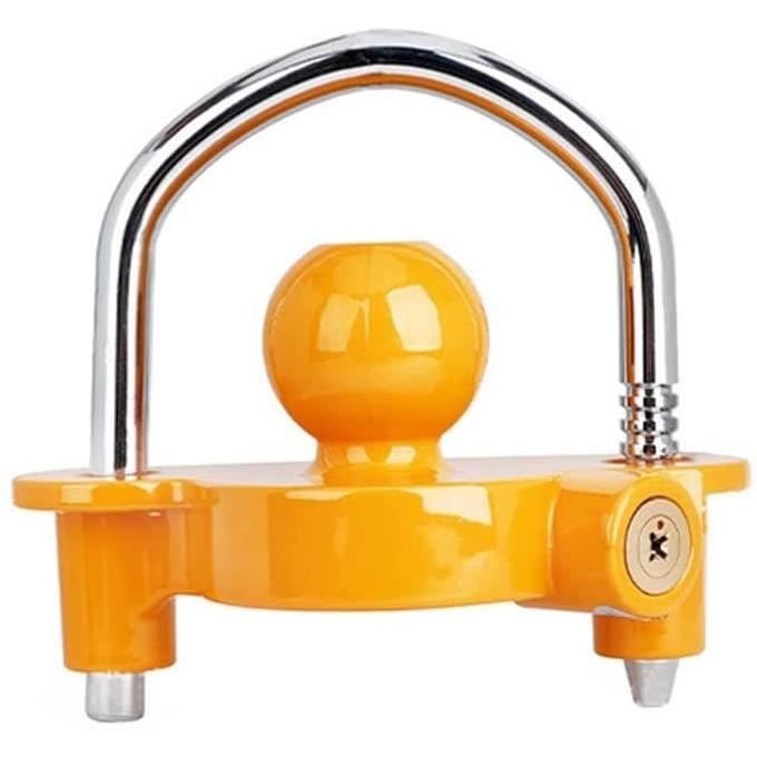 Verrou Attelage Remorque Universel - Sécurité Antivol Pour Boule 50mm - Serrure Intégrée Avec 2 Clés - Couleur Jaune Visible