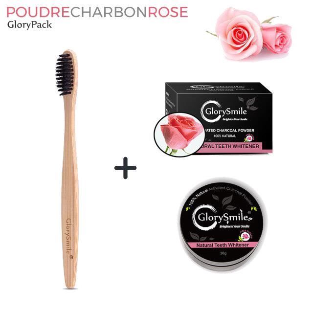 GlorySmile® Pack Rose Poudre de Charbon et Brosse à Dent Bambou 30G Blanchiment Dentaire 100% Naturel