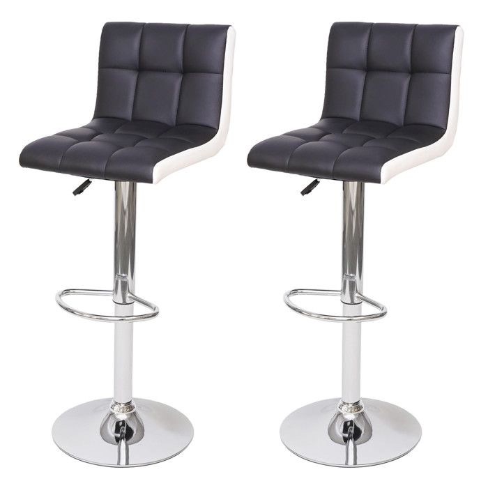 2x Tabouret de bar HWC-G87 chaise bar/comptoir réglable en hauteur - similicuir noir-blanc pied chromé