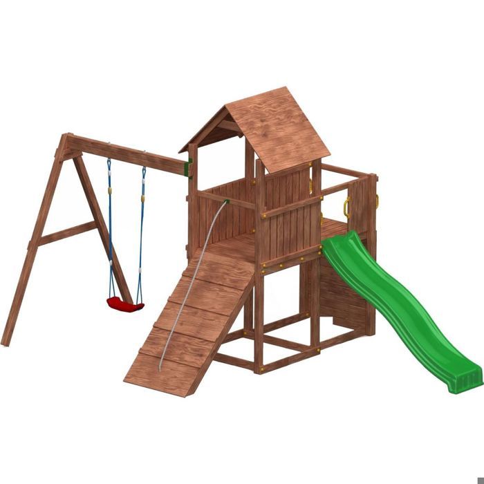 Plateforme de jeux en bois FSC Carol 10 pers 14,26 m² Toboggan, mur d'escalade, Balançoire