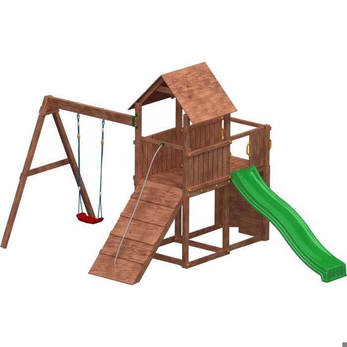 Plateforme de jeux en bois FSC Carol - Toboggan, mur d'escalade, balançoire