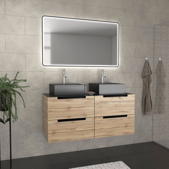 Meuble salle de bains 120cm Chêne et noir Vasques carrées et Miroir Black Led 120x70 - OMEGA