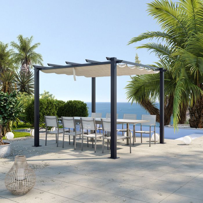 Tonnelle Pergola Aluminium 3x3m Toile Coulissante Retractable Gris Ecru Ohio Cdiscount Jardin