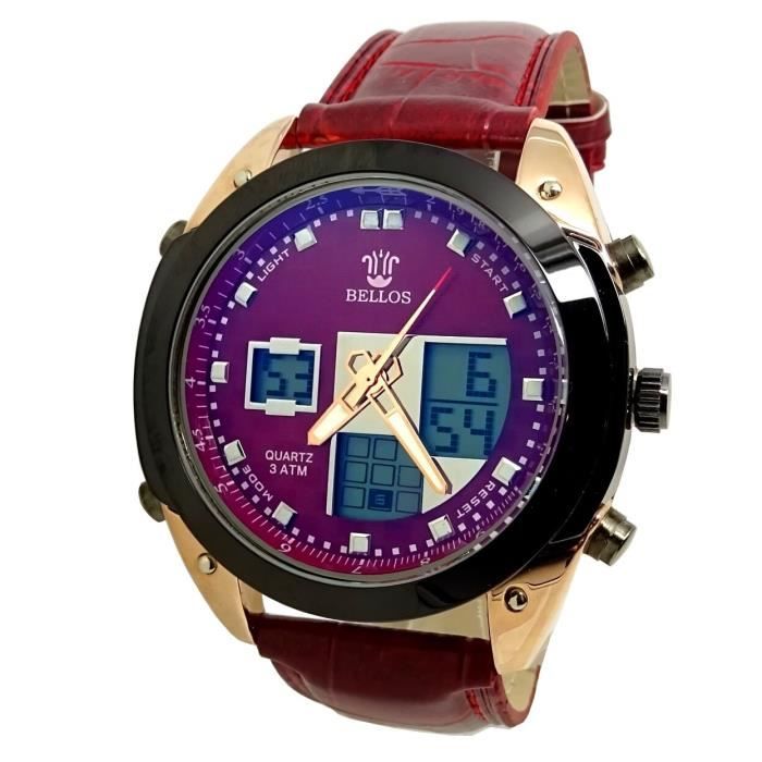 MONTRE HOMME CUIR ROUGE BORDEAUX DIGITALE AIGUILLES ALARME LED