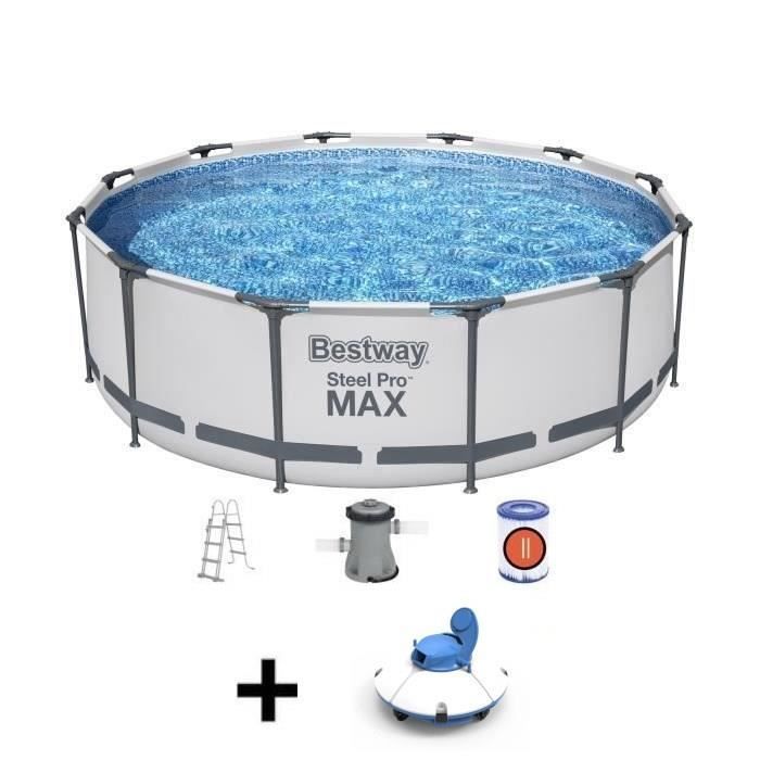Kit Piscine hors sol tubulaire BESTWAY Steel Pro Max™- 366 x 100 cm - Ronde + Robot aspirateur Guppy