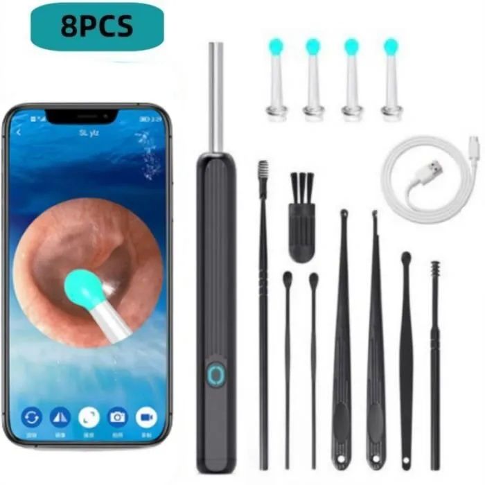 Otoscope Oreille Kit Camera Oreille délimination du cérumen 8pcs avec 6 lumières LED Endoscope Nettoyage Oreille adapté aux smart