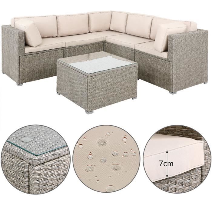 Canape Lounge 20 Pieces Gris Beige Coussin Table Plateau Verre