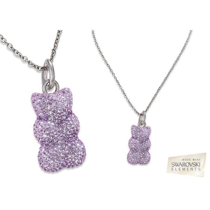 Collier Pendentif Ourson Violet - Imitation Pierre Sur Acier - Longueur 50 Cm - Neuf