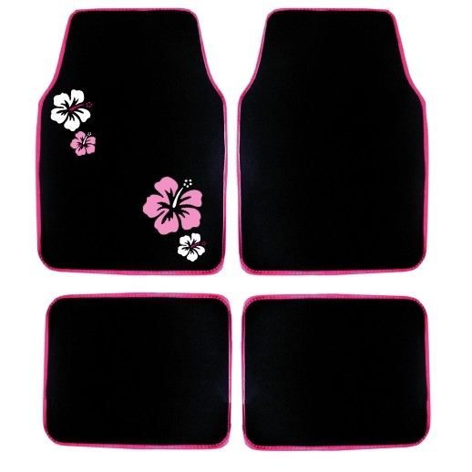 Jeu de 4 tapis moquette noir broderies Hibiscus