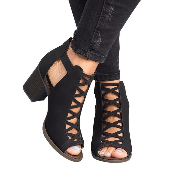 Sandales a Talons Compenses pour Femme MINETOM Retro Elegant Bloc Cheville Partie Ouverte Boucle Noir Noir Cdiscount Chaussures