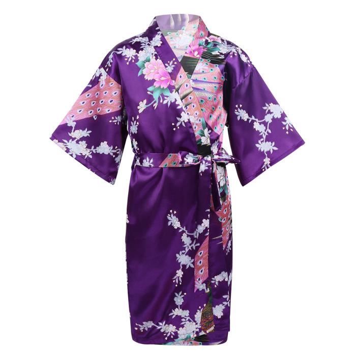 MSemis Kimono Peignoir Japonais Enfant Fille Robe de Chambre Satin de Soie Chemise de Nuit Florale 3-14 Ans