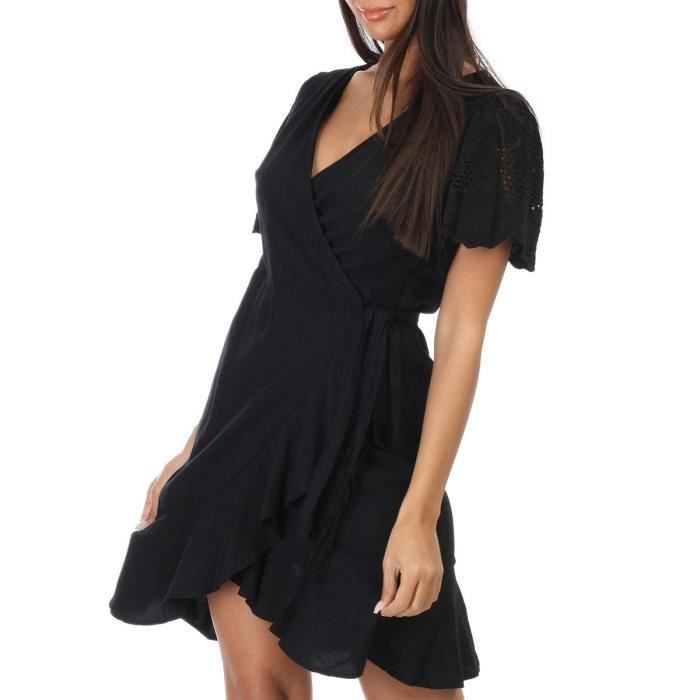 Robe cache coeur noire volants et manches en crochet Noir