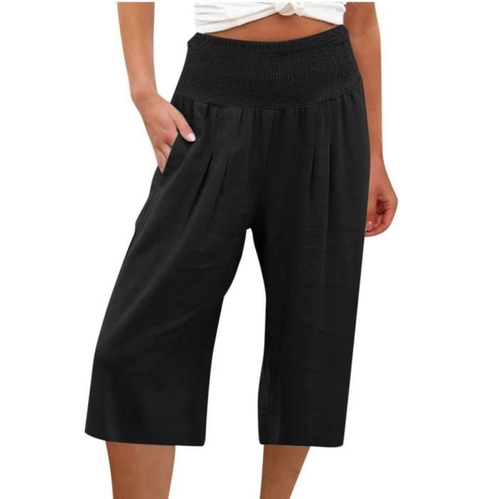 Pantalon Court Femme t Pantacourt Fluide Jambe en Coton et Lin
