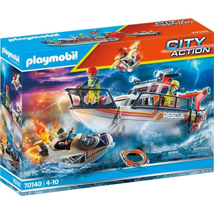 Figurine - PLAYMOBIL - 70140 - Bateau général des sauveteurs - 4 figurines - Multicolore