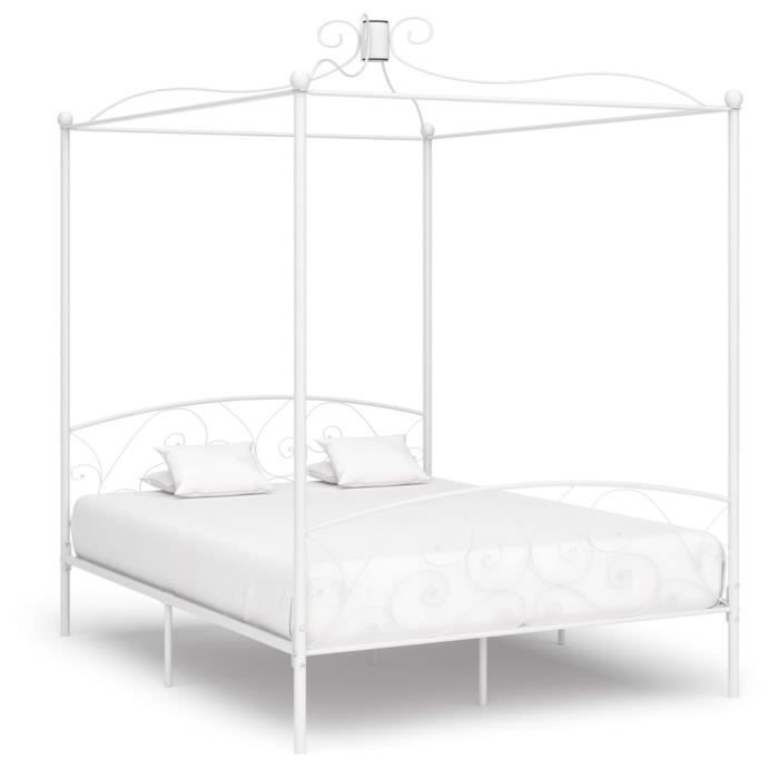 Lit Double 2 Place 160 x 200 cm(sans Matelas) Cadre de lit à baldaquin en Métal avec Sommier à Lattes Vintage Blanc