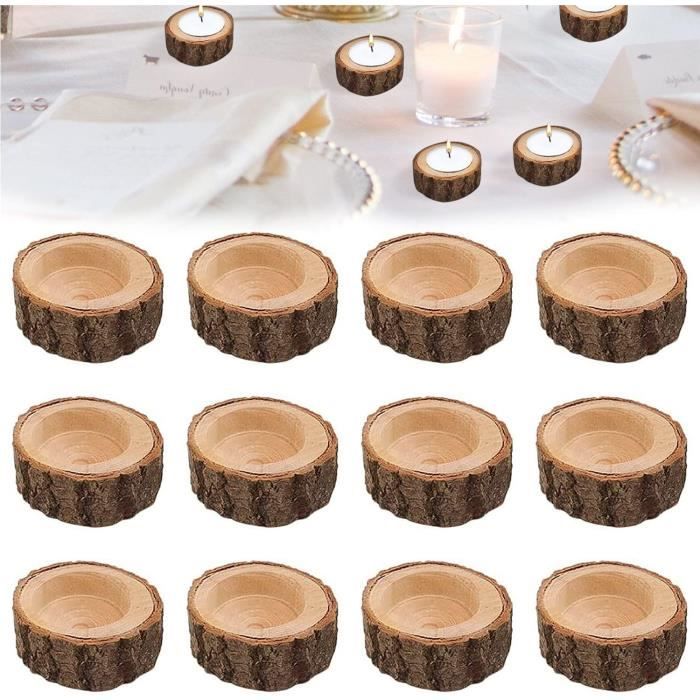 12 Photophores En Bois Naturel - Bougeoirs Votifs 6x2.5cm Pour Décoration Table Mariage, Anniversaire