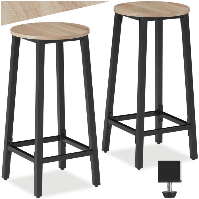 Tabouret de bar - TECTAKE - Lot de 2 tabourets de bar CORBY au style industriel en bois et acier avec repose-pieds - Bois clair