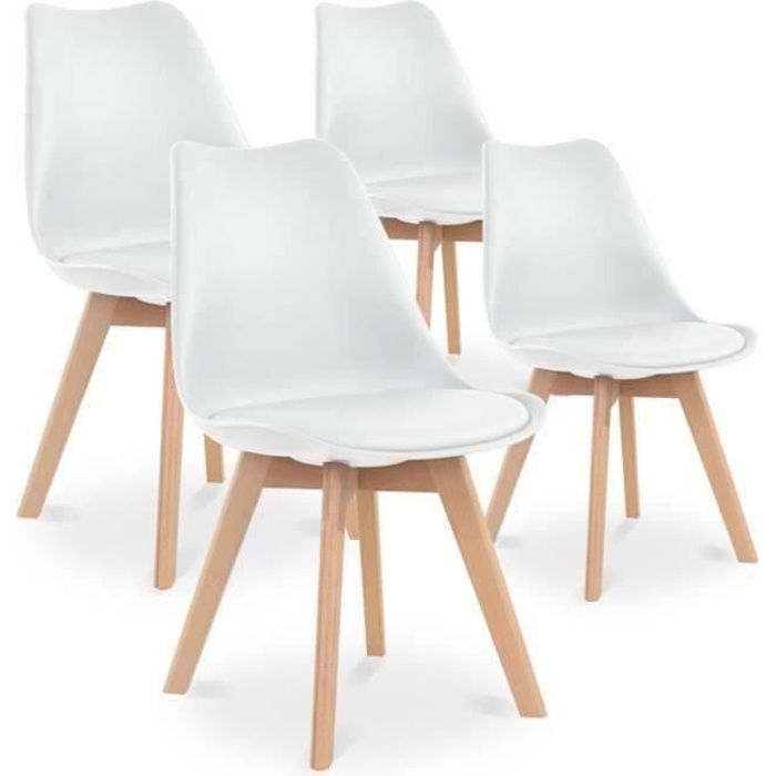 Lot de 4 Chaises de Salle à Manger Scandinave - Marque - Modèle - Blanc - Pieds en Bois de Hêtre Massif