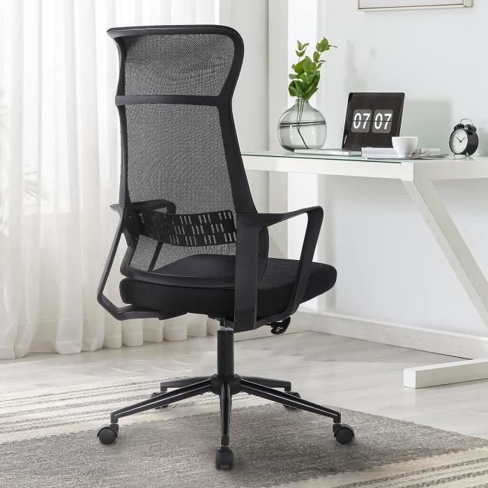 Fauteuil de bureau ergonomique avec appui-tête et soutien lombaire – tissu maille – accoudoirs relevables – confort 4-6h – noir - Maison