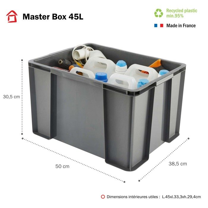 SUNDIS Bac Rangement Empilable 45 Litres - Plastique 100% Recyclé Fabriqué En France, Superposable, Poignées Intégrées, Noir, Idéal Garage Atelier Jardin