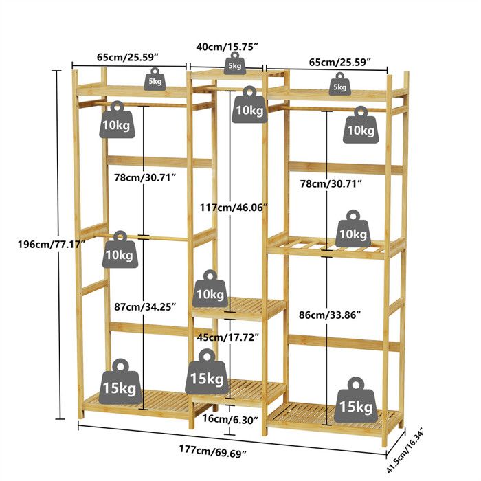 Porte-vêtements en Bambou Tringle à Vêtements Armoire Ouverte Porte-Manteau Multifonctionnel avec 4 étagères (130cm, 160cm, 190cm