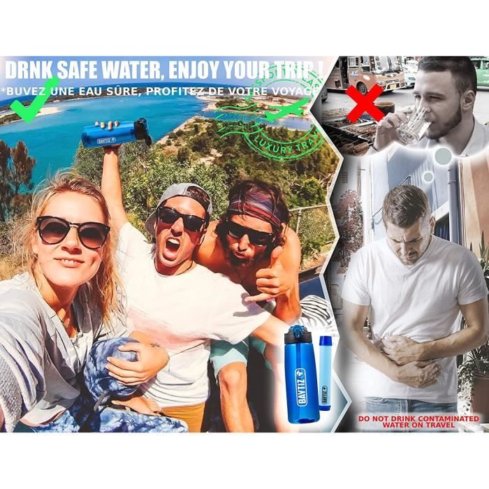 BAYTIZ Gourde Filtrante + Paille Au Charbon Actif – élimine 99,9999% Des Bactéries – Pour Rando, Voyage, Survie