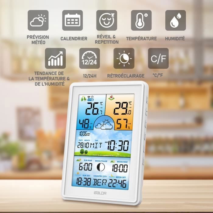Station Météo Numérique Sans Fil - Thermomètre Intérieur/Extérieur - Capteur à Distance 36 M - Affichage Clair
