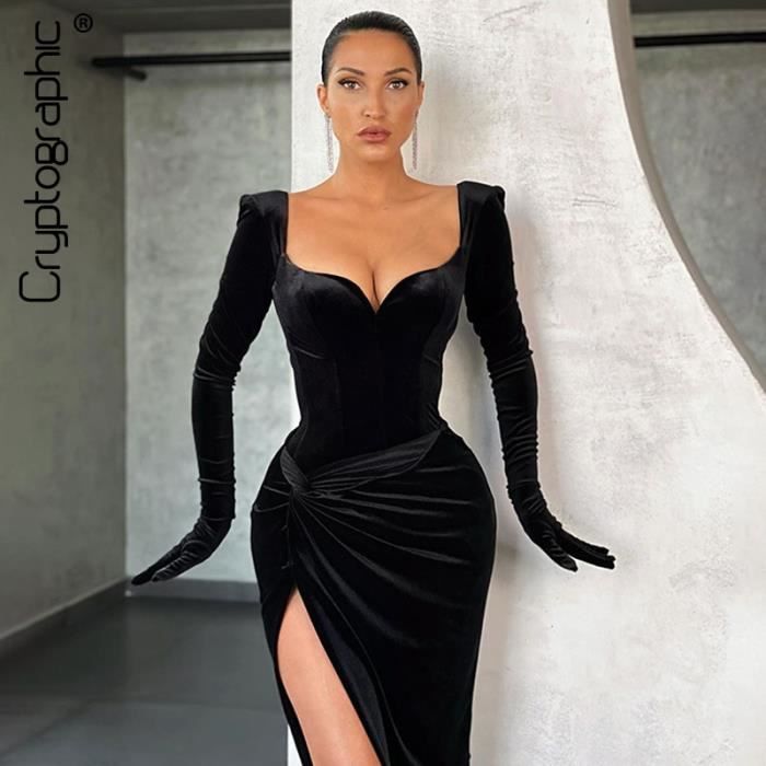 Robe Cryptographique automne hiver noir velours Sexy robes fendues gants manches mode robe Club fete robe Midi pour Type black Blanc Cdiscount Pret a Porter