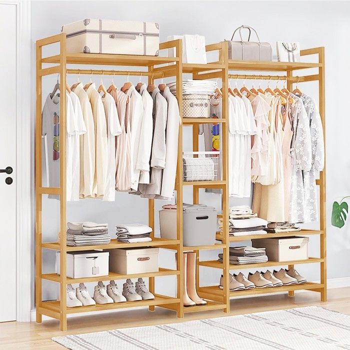 Armoire Penderie Bambou Naturel 170 Cm - 2 Portes Et 4 étagères - Sans Marque