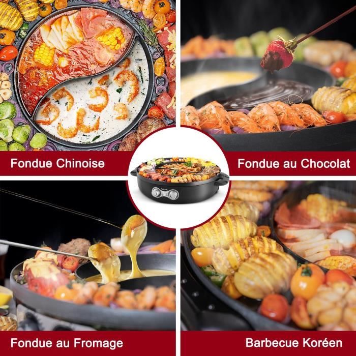Appareil Fondue Chinoise Et Barbecue Coréen 2 En 1 électrique 2200W - Hot Pot Séparable Pour 2 à 8 Personnes, Sans Fumée