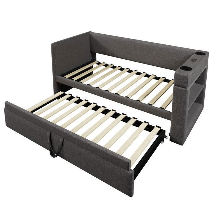 Lit Enfant 90x190 Avec Lit Gigogne Intégré – Velours Beige, LED RGB, Ports USB/Type-C, 2 Tiroirs – Sans Matelas - 7