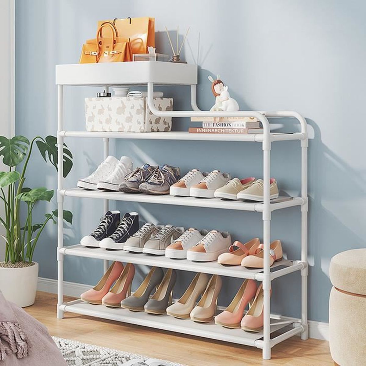 Etagère à chaussures 3 niveaux en métal noir - 15 paires