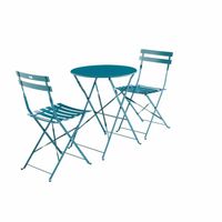 Salon de jardin bistrot pliable - Emilia rond bleu canard - Table ronde Ø60cm avec deux chaises pliantes. acier thermolaqué