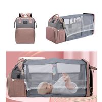 Sac à dos pour couches pour bébé, sac à couches de grande capacité, sac à couches de voyage portable avec lit pliant, rose