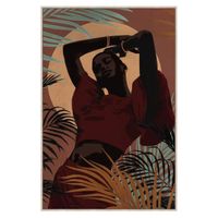 Tableau décoratif Peinture à l'huile à la main Femme africaine au coucher du soleil avec palmiers, toile encadrée Couleurs marron,