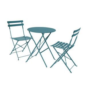 Ensemble table et chaise de jardin Salon de jardin bistrot pliable - Emilia rond bleu canard - Table ronde Ø60cm avec deux chaises pliantes. acier thermolaqué