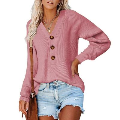 LUVCES Pull Femme Col V Boutons Manches Longues – Tricot Oversize Épaules Tombantes Automne Hiver, Pull Chic Couleur Unie