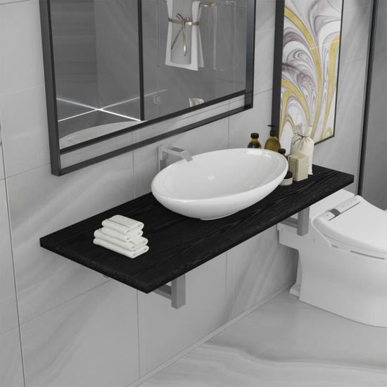 Elégant Ensemble Meuble de salle de bain simple vasque + étagère Contemporain- 2 pcs SALLE DE BAIN COMPLETE - Céramique Noir 25832