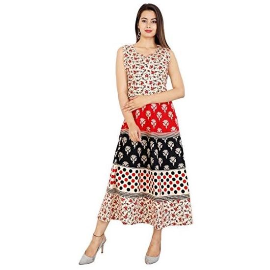 Jupe Longue Portefeuille Imprimée Jaipuri En Coton Rouge - Taille Libre XL - Fait Main En Inde